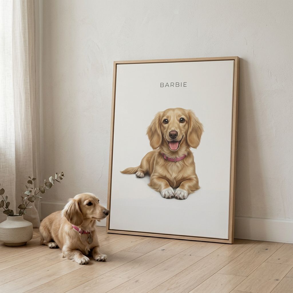 A custom pet portrait printed on framed matte canvas.