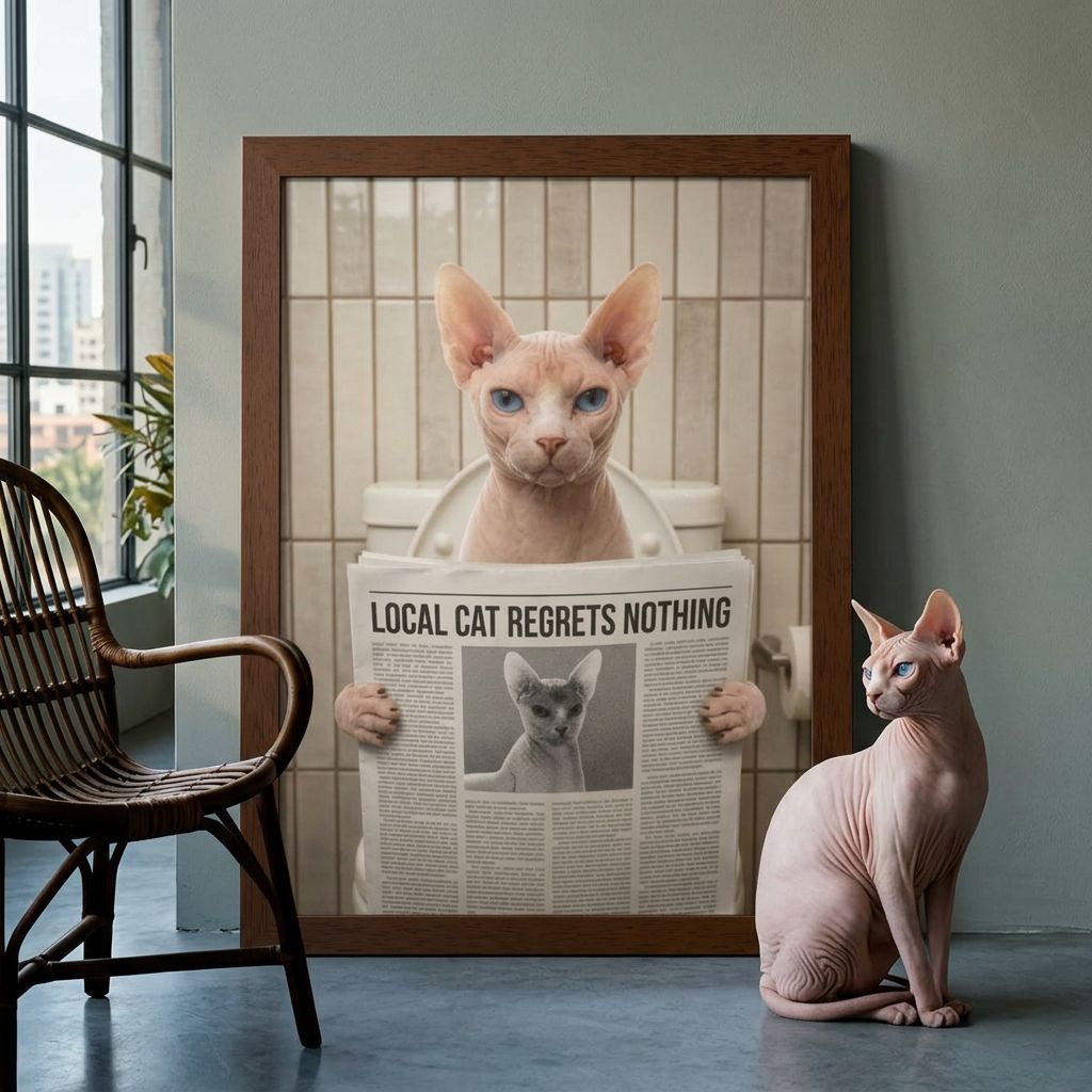 Custom Pet Bathroom Portrait, Framed Poster — Reading the News